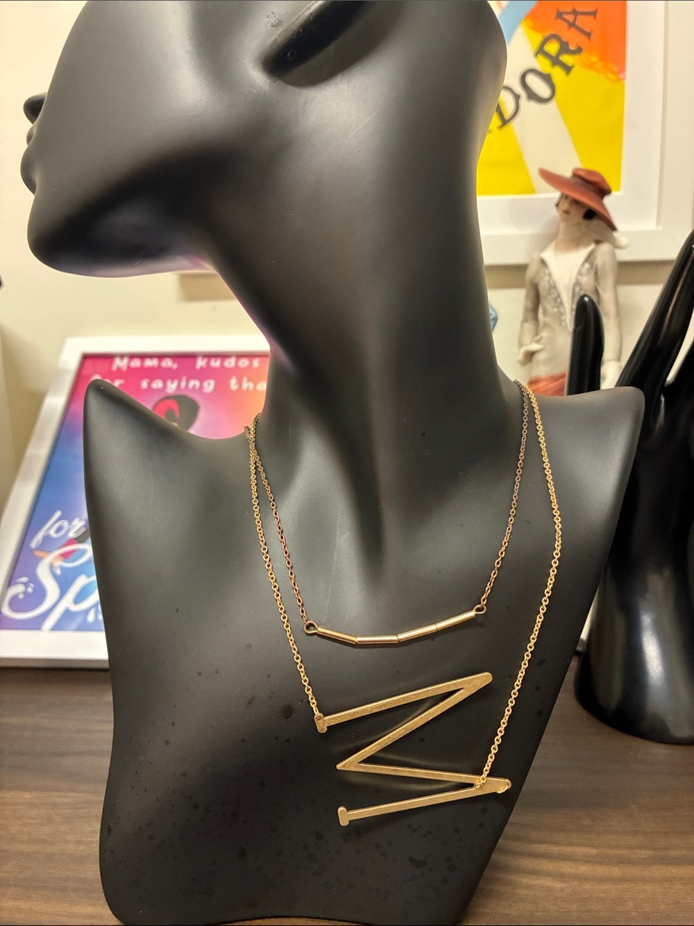 Gold Layered Bar and “M” Pendant Necklace Double Necklace Bundle
